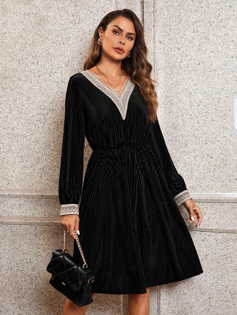 SHEIN Clasi Women's Lace Patchwork Collar Detail Pleated Dress