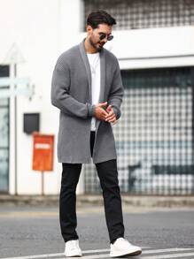 Manfinity Homme Nam Màu thuần Thả vai Mặt trước Mở Áo len Mở Áo len - Xám - Xem 3