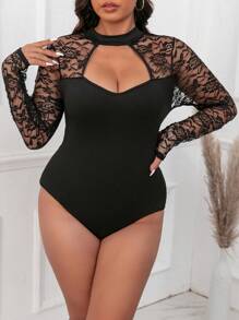 Calvaya Plus Size Lace & Mesh Panel Soft Knit Stand Collar Bodysuit, Suitable For Evening Parties & Going Out