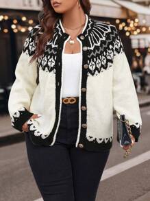 Calvaya Cárdigan De Talla Grande Para Mujer Con Botones Y Estampado Geométrico - Negro - Ver 1