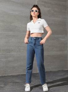 SHEIN 青少年女孩高腰直筒牛仔裤，休闲夏装 - 深色水洗藍 - 查看 4