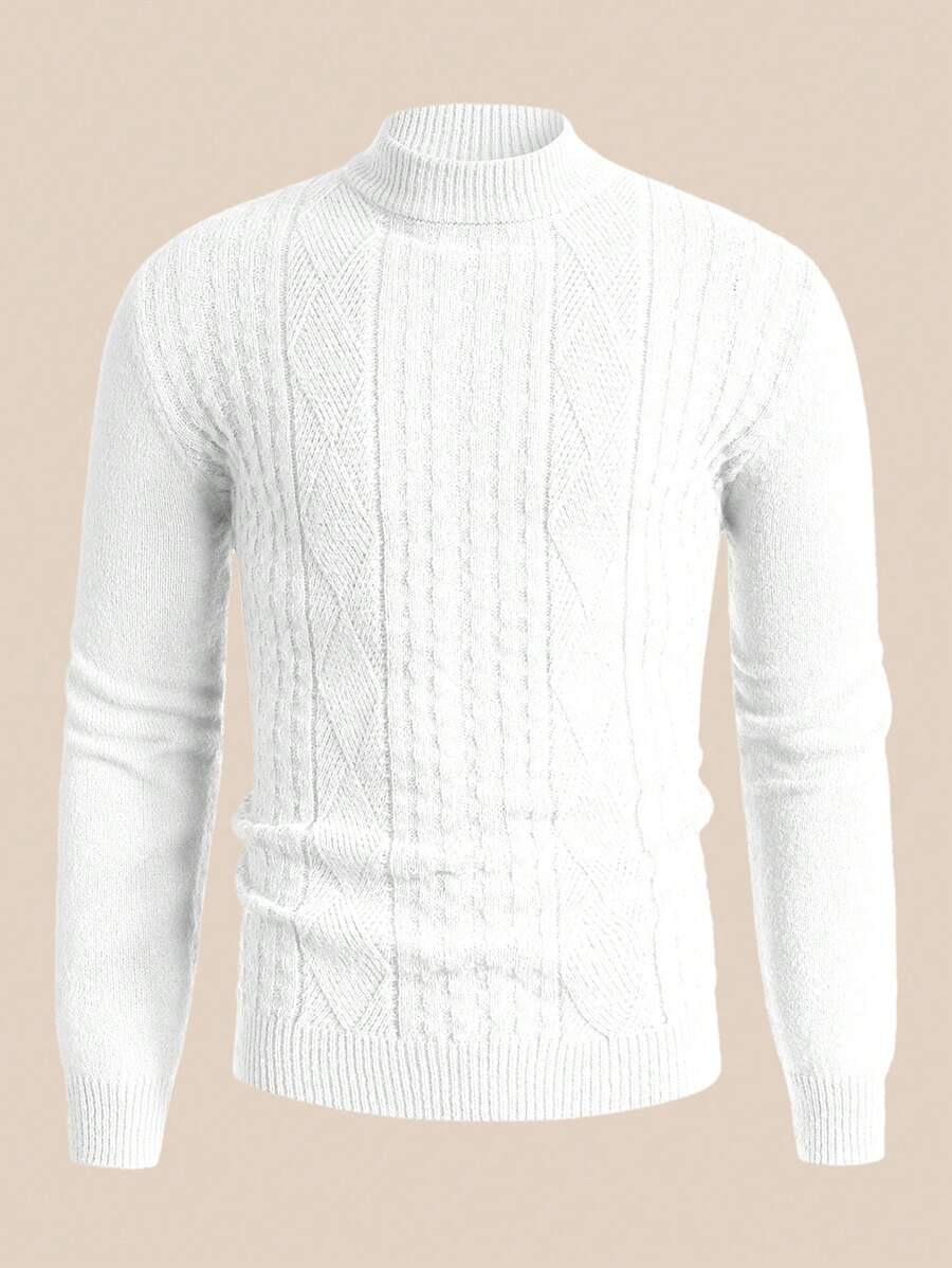 HIMLAND Men's Solid Color Stand Collar Cable Knit Sweater, For Fall Winter - White - View 1