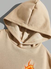 青少年男孩標語和卡通圖案袋鼠口袋抽繩保暖連帽衫 - 卡其色 - 查看 3