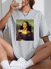 SHEIN EZwear 女士短袖拼接落肩t恤,圖案印花設計 - 灰色 - 查看 1