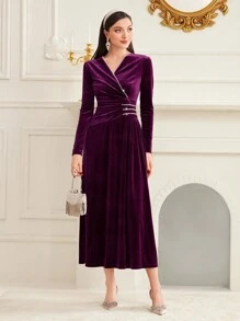 Modelyn Của phụ nữ Trân châu Trụ Cổ chữ V Eo dây rút Đầm - Màu hồng gỉ - Xem 4