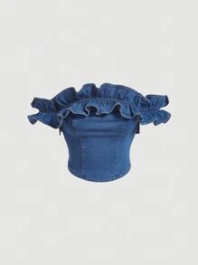SHEIN Privé Women's Ruffled Off-shoulder Denim Top - Medium Wash - View 1