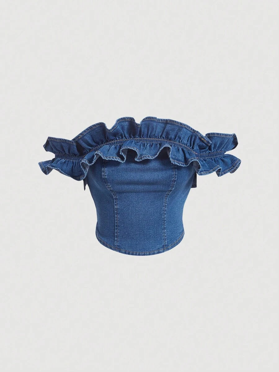 SHEIN Privé Women's Ruffled Off-shoulder Denim Top - Medium Wash - View 1