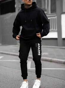 Manfinity Homme Men Plus Loose-Fit Hooded Sweatshirt With Letter Print And Long Pants Two Piece Set - Black - View 6