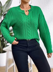 SHEIN LUNE Plus Size Solid Color Drop Shoulder Sweater With Notched Collar Knit Pullover Fall Winter Outfit Autumn - Beige - View 4