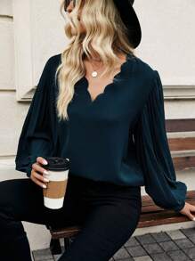SHEIN Clasi Solid Color Lantern Sleeve Shirt With Scalloped Edge Collar - Royal Blue - View 5