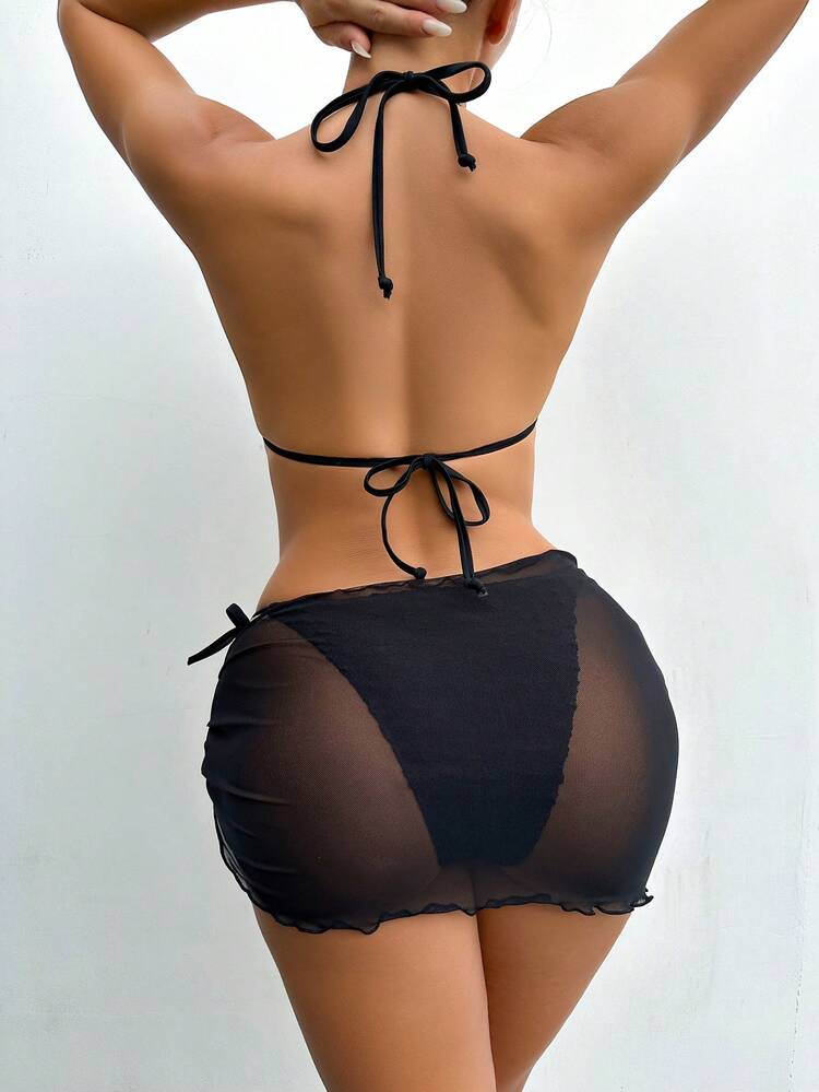 Summer Women's Solid Color Halter Neck Textured Bikini Set