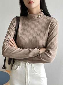 FRIFUL Women's High Neck Solid Color Texture Design Casual Basic T-shirt - Khaki - View 5