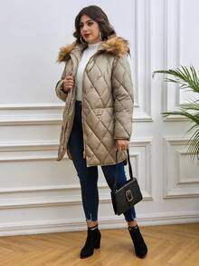 Astrid Women Plus Size Rhombus Pattern Long Sleeve Casual Jacket With Fluffy Collar - Camel - View 4