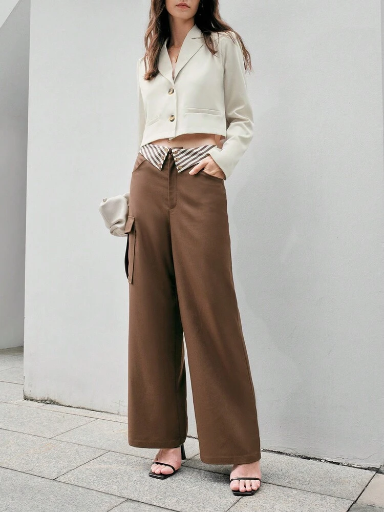 Pantalones Anchos Doblados Para Mujer Con Bolsillos Con Solapa