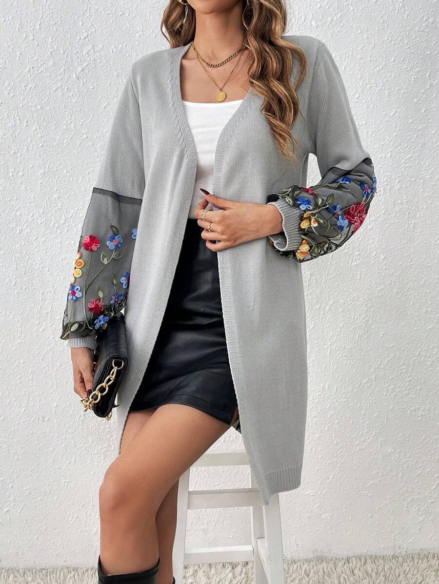 SHEIN LUNE Flower Mesh Contrast Cardigan Fall Cloth For Women - Light Grey - View 1