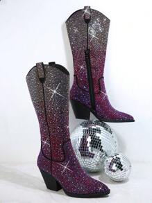SHUZIA Bestseller Women's Shining Gradient Rhinestone Purple Multi Knee High Cowboy Boots:Tayler Swit Inspired,Eye-Catching Luxury,Holiday Party Essential Mother's Day Present
