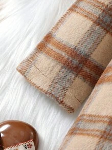 SHEIN 幼兒女童方塊格呢毛呢外套,蝴蝶結和荷葉邊裝飾 - 卡其色 - 查看 3