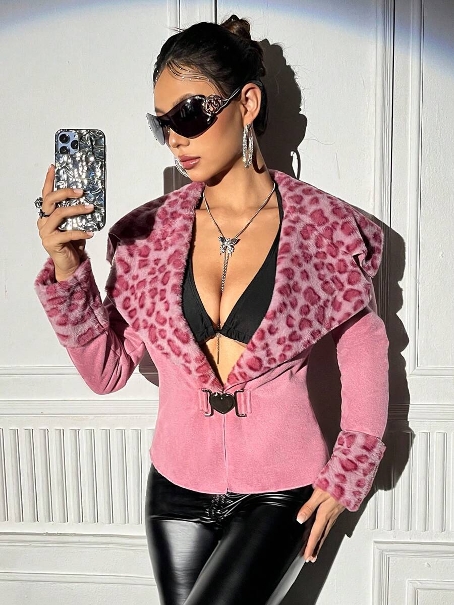 SHEIN Unity Women's Leopard Print Patchwork Plush Collar Heart Shaped Button Jacket - Pink - View 1