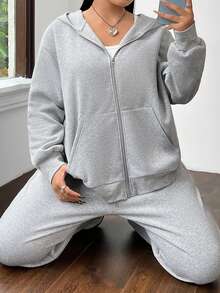 SHEIN EZwear Plus Size Solid Color Hooded Hoodie And Pants Set - Grey - View 6