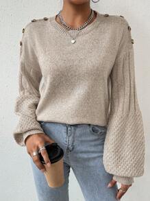 SHEIN LUNE 女士實色釦扣襯衫袖毛衣 - 卡其色 - 查看 4