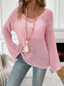 SHEIN Essnce Jersey De Punto Con Escote Caído Y Diseño De Agujeros - Rosa - Ver 4