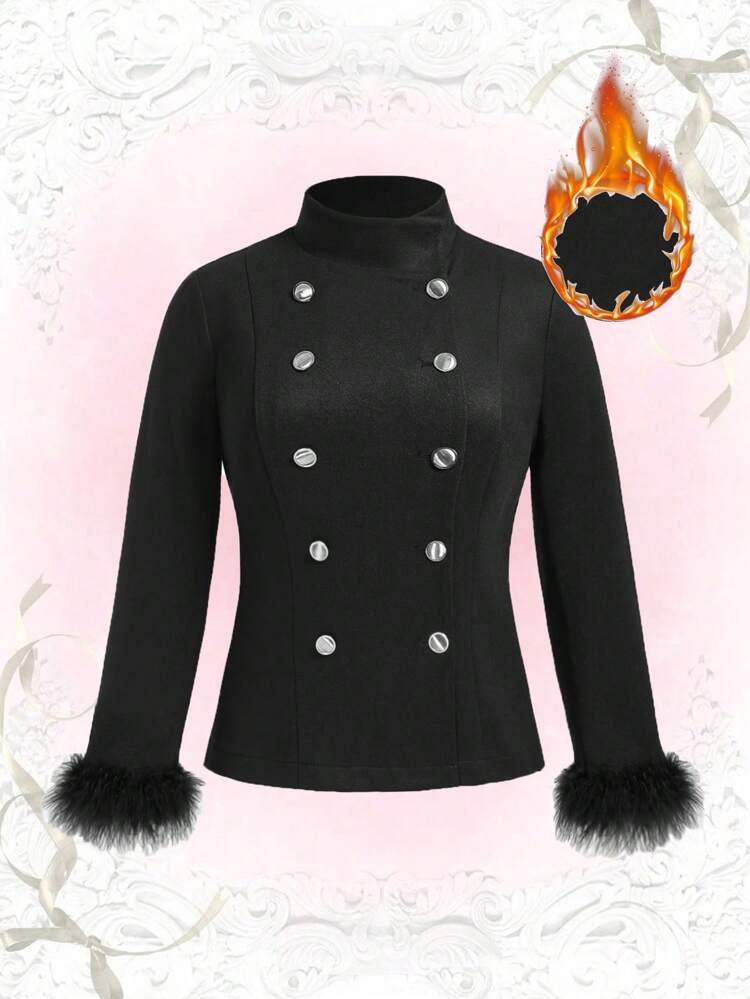 Plus Fuzzy Cuff Double Breasted Overcoat
