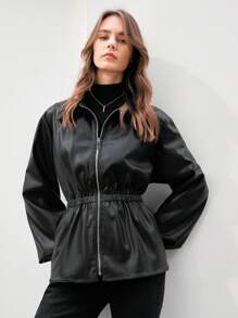 Anewsta Ladies Lapel Waisted Zip Fly Long Sleeve Jacket - Black - View 6