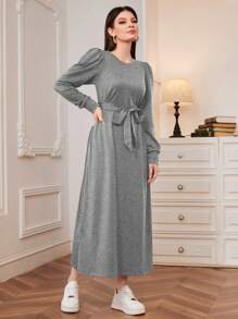 Modelyn 純色圓領腰帶運動衫連衣裙 - 灰色 - 查看 5