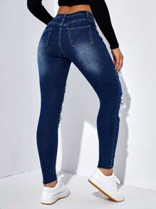 SHEIN ICON Women's Skinny Ripped Jeans - Dark Wash - View 3