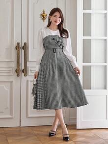 DAZY Women's Round Neck Plaid Patchwork Buttoned Dress - Black - View 4