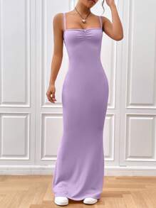 SHEIN EZwear Solid Color Ruched Bust Cami Dress - Purple - View 7