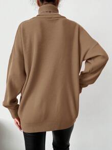 EURMUSE High Neck Solid Color Drop Shoulder Sweater - Beige - View 2