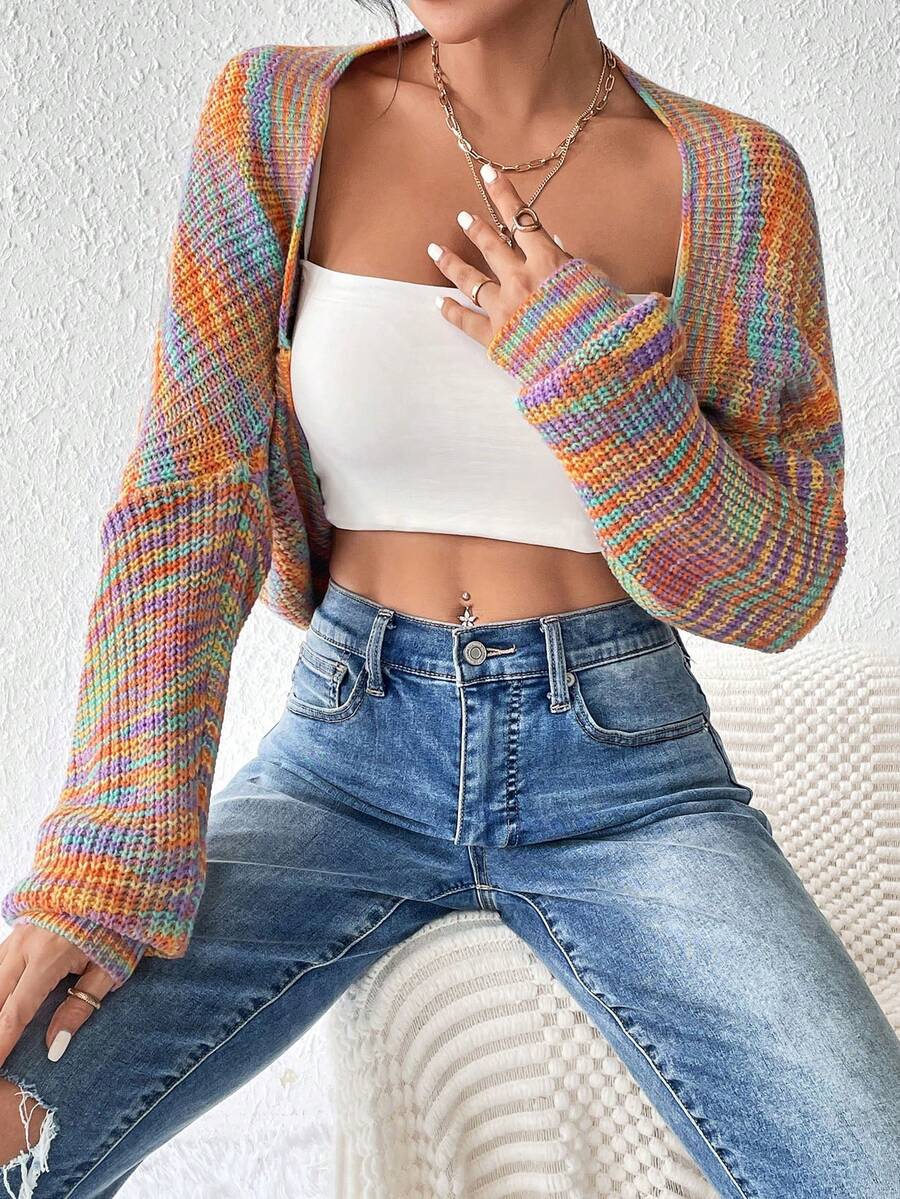 SHEIN Unity 段染落肩袖短款開衫 - 彩色 - 查看 1