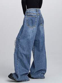 帶洗水效果的破爛細節和復古風格的牛仔褲 - 中等水洗藍 - 查看 2