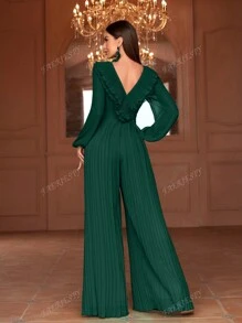 Faeriesty Long-Sleeve Chiffon Wide-Leg Jumpsuit With Ruffled V-Neck & Removable Waist Belt – Spring/Summer Pleated Fabric Design For Garden Parties & Elegant Gatherings (Bold Embellished Silhouette, Versatile Daytime Elegance)