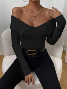 SHEIN Privé Women'S Slim Fit Off Shoulder Sweater - Black - View 1