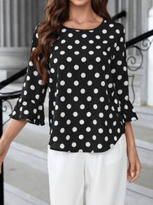 EMERY ROSE Blusa holgada de mujer con cuello redondo, manga 3/4, volantes y estampado de lunares