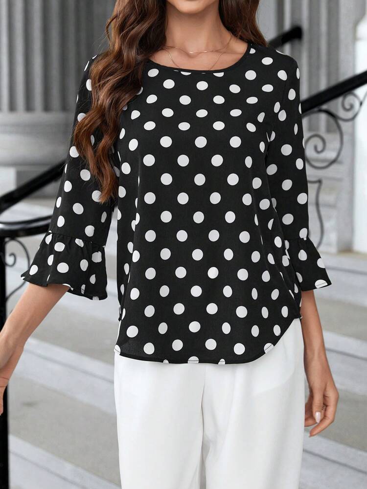 Women's Polka Dot Print Round Neck Ruffle Trim 3/4 Sleeve Loose Blouse,Three Quarter Sleeve Tops
