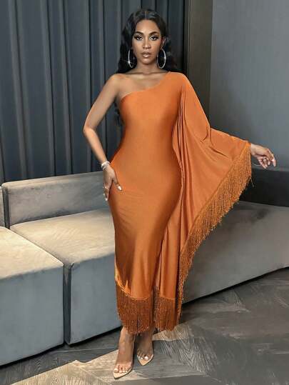 BamGleam Women's Fringed Asymmetric Collar Bat Sleeve Dress Maxi Women Outfit Fall Cloth For Women