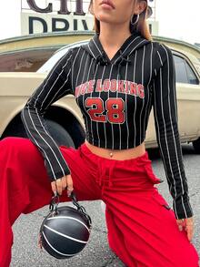 SHEIN EZwear Women's Slim Fit Striped Letter Print Hooded T-shirt - Multicolor - View 5