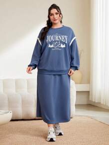 Mulvari Women's Plus Size Letter And Mountain Print Two Piece Set - Blue - View 1