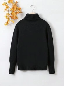 Cô gái Màu thuần Một nửa Áo cao cổ Áo len - màu đen - Xem 2