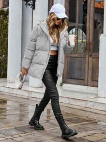 RueChic Women'S Zipper Hooded Padded Jacket - Grey - View 4