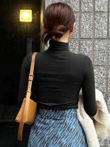 DAZY Women's Solid Colored High Neck Base T-Shirt Long Sleeve Women Tops - Black - View 5