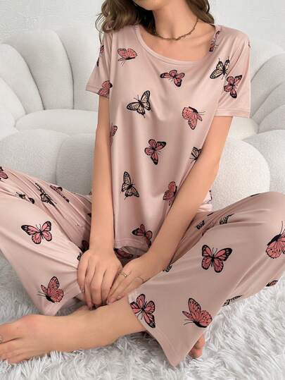 Women's Short Sleeve Butterfly Printed Pajama Set Pajamas Set For Womanwomen Sleepwear