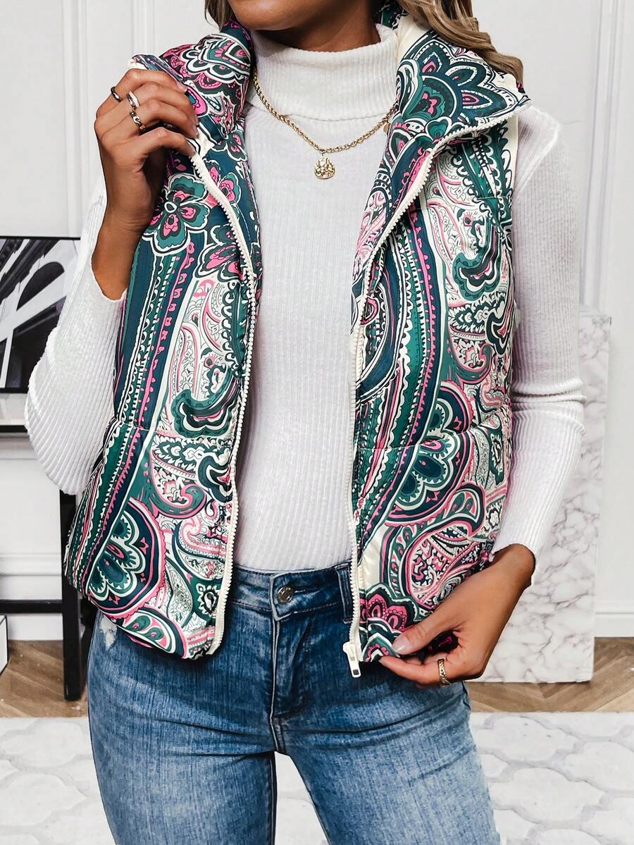 SHEIN LUNE Áo khoác đệm eo Áo vest mùa đông có họa tiết hạt điều và thiết kế khóa kéo phía trước - màu xanh lá - Xem 1