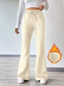 SHEIN Essnce 女式弹性腰部卡通图案喇叭裤，带保暖内衬 - 杏色 - 查看 1