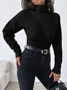 EURMUSE Turtle Neck Drop Shoulder Sweater - Black - View 4