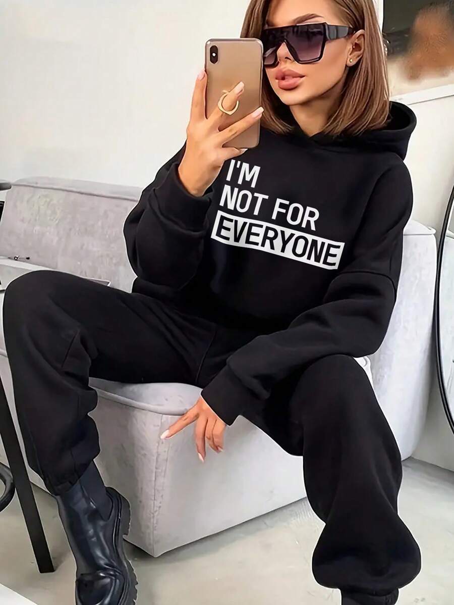 SHEIN EZwear 女士標語印花連帽衫與jogger長褲套裝 - 黑色 - 查看 1
