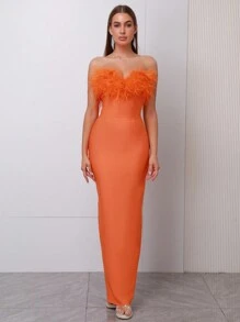 Modphy Váy dạ hội tiệc cưới nữ thanh lịch quyến rũ không tay trễ vai hở lưng dáng dài đính lông giả - trái cam - Xem 1